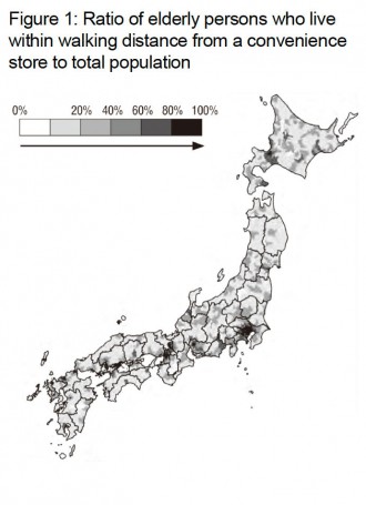 <strong>Note 1:</strong> Walking distance from a convenience store = a radius of 300 meters<br />  <strong>Note 2:</strong> Elderly persons = persons 65 years of age or older<br />  <strong>Source:</strong> Materials SMTRI produced on the basis of information released by the Ministry of Internal Affairs and Communications and data obtained from the official websites of the various companies that operate convenience stores.<br />  Image: Courtesy of Chuo Koron Shinsha