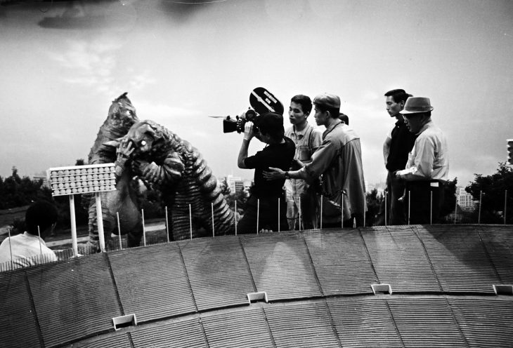 Tsuburaya Eiji (far right) overseeing the special effects studio while filming Demons Rise Again, episode 19 of Ultraman © TSUBURAYA PRODUCTIONS