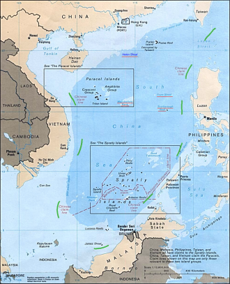 The Tribunal found that China’s claim to the South China Sea on the basis of the “nine-dash line” [green dashes] was incompatible with the UNCLOS and that there was no evidence supporting the “historic rights” of China. Source: Public Domain via Wikimedia Commons