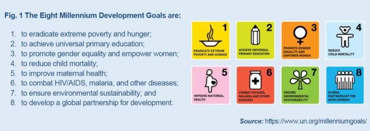 Fig. 1 The Eight Millennium Development Goals are: 1. to eradicate extreme poverty and hunger; 2. to achieve universal primary education; 3. to promote gender equality and empower women; 4. to reduce child mortality; 5. to improve maternal health; 6. to combat HIV/AIDS, malaria, and other diseases; 7. to ensure environmental sustainability; and 8. to develop a global partnership for development.